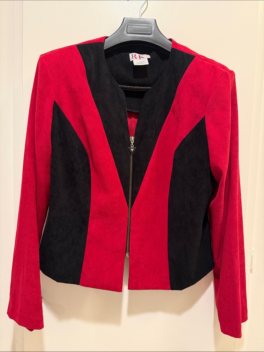 RK Red and Black Colorblock Zip-Front Women's Blazer